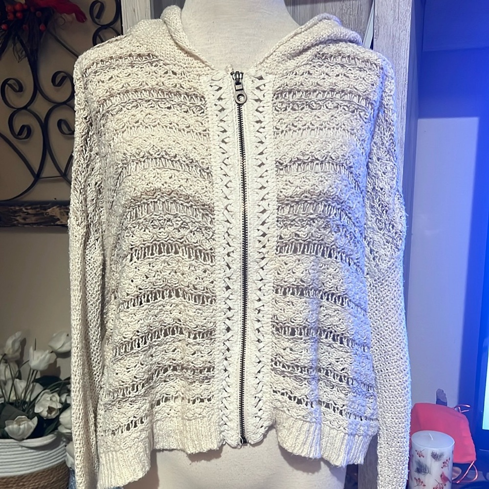 Free People Cream Cardigan Sweater with Open Knit Design